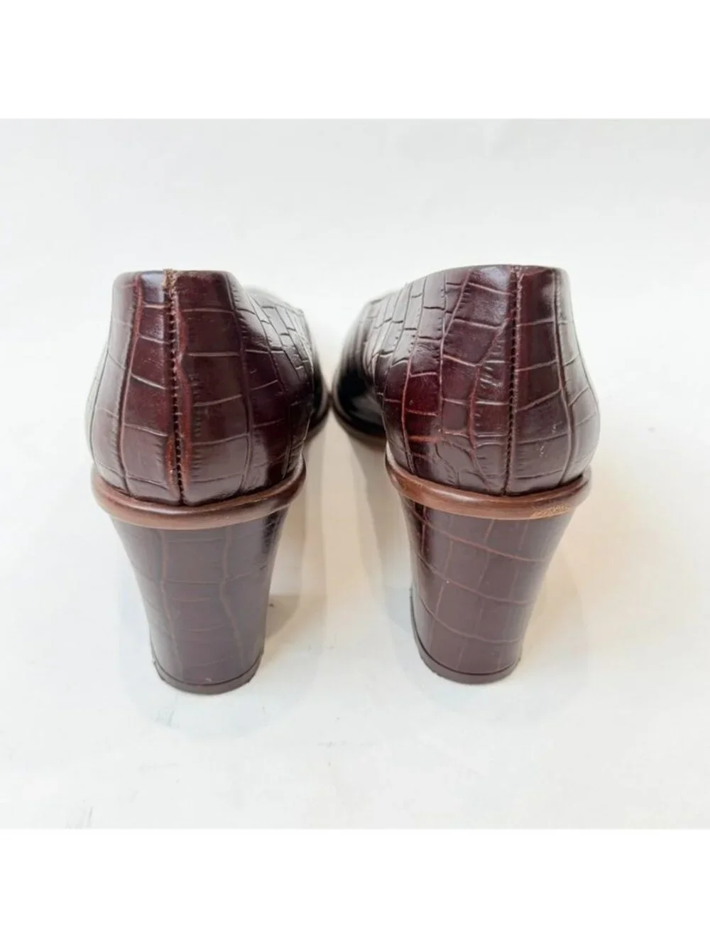 Miista Croc Embossed Leather Block Heel Pumps Brown Women's EU 41